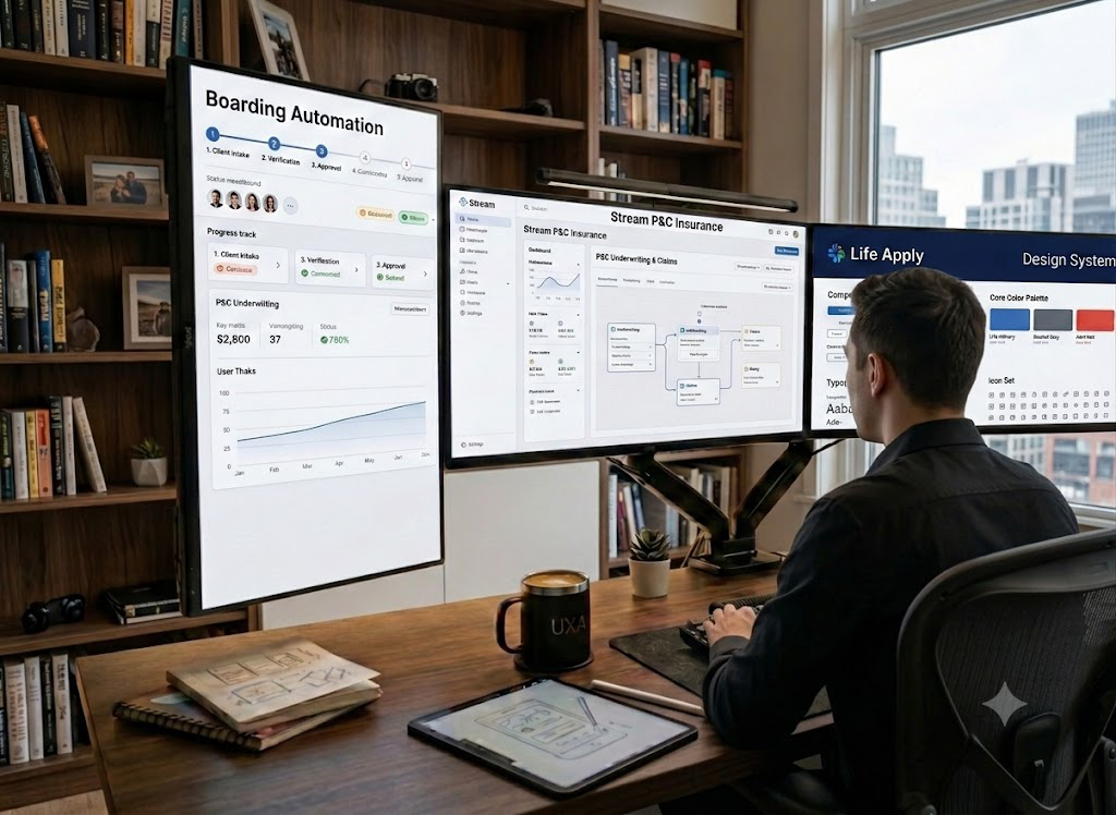 A premium modern UX architect workstation setup with dual monitors showing dashboard analytics and coding interfaces