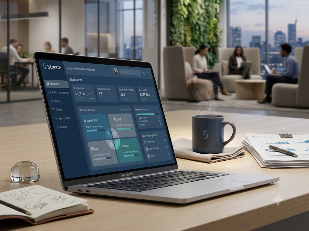 Enterprise insurance platform interface showing integrated policy and claims workflows