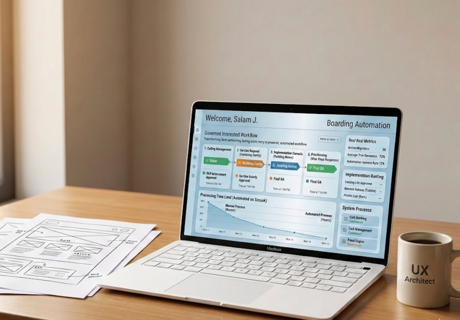 A laptop open displaying the Nova Banking dashboard with transaction panels and spend charts